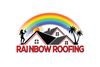 Rainbow Roofing logo with rainbow, rooftops, sun, palm trees, and worker silhouette.