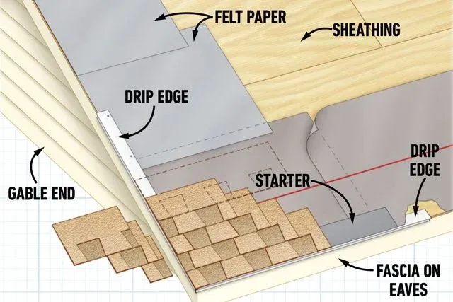 Diagram of a roof construction, showing felt paper, drip edge, starter shingles, and fascia on eaves.
