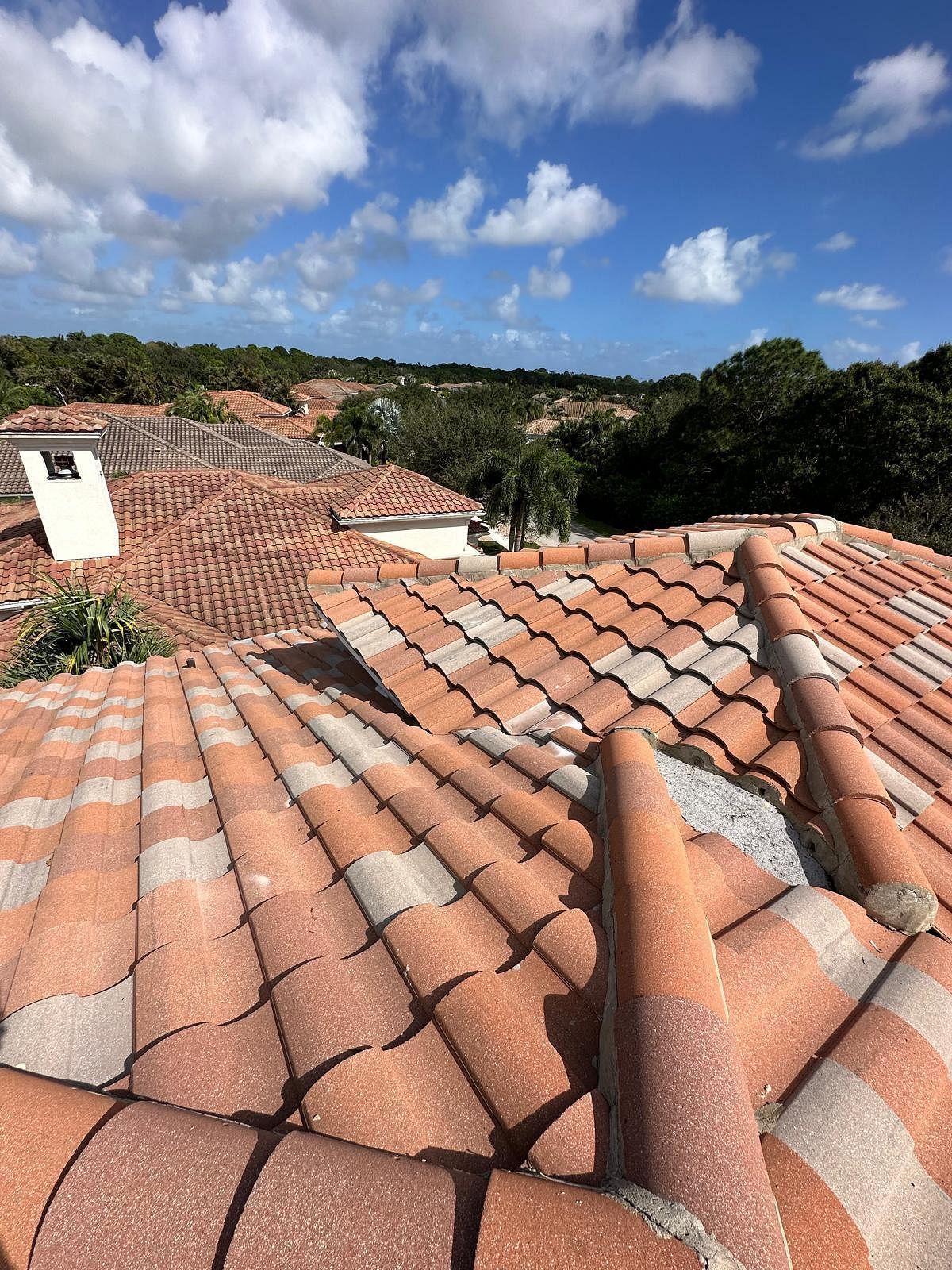 Red tile rooftops under a blue sky with fluffy clouds, trees in the background.