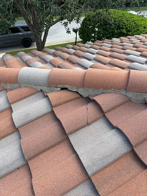 Close-up of a roof with red and gray tiles, some cracked, outdoors with a tree and car visible.