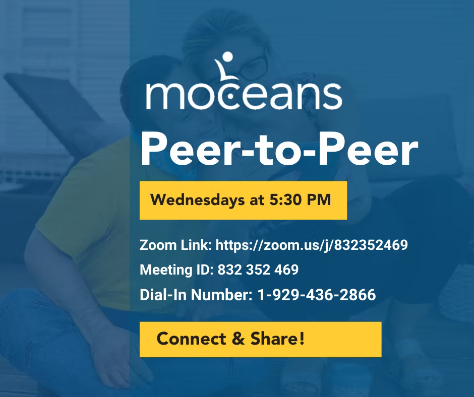 Moceans Peer-to-Peer Zoom meeting flyer with time, meeting ID, dial-in number, and “Connect & Share!” button