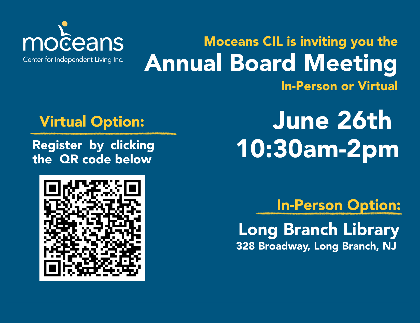 Moceans Annual Board Meeting  In-Person or Virtual Registration QR Code and In-Person address with Date and Time of meeting