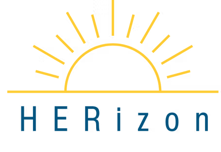 HERizon logo with yellow sunrise above blue text on white background