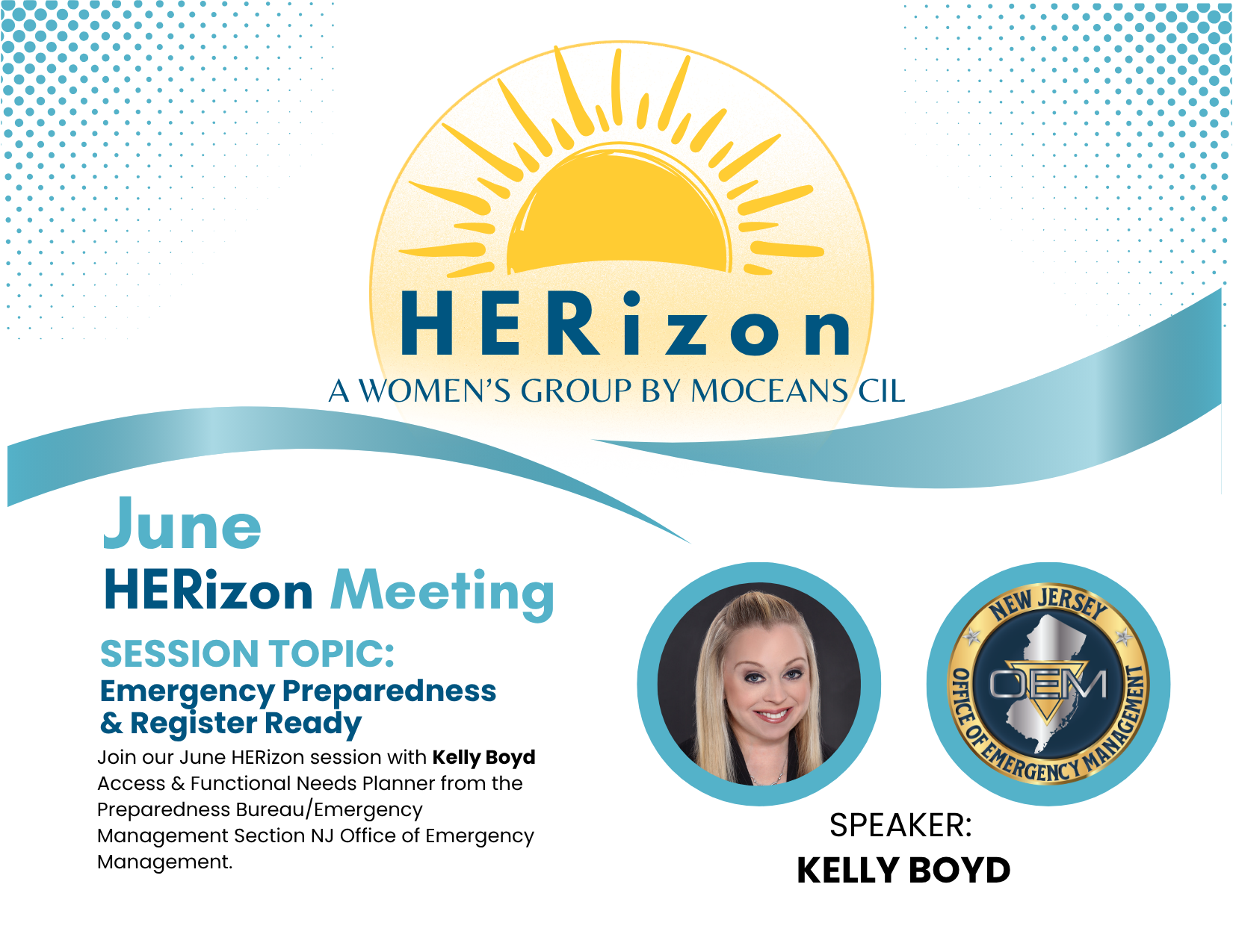 HERizon logo with yellow sunrise above blue text on white background with a summary of the session topic and guest speaker information. 