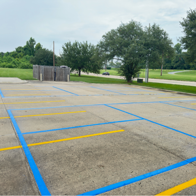 Empty parking lot with blue and yellow painted lines, trees, and a grassy area. Overcast sky.