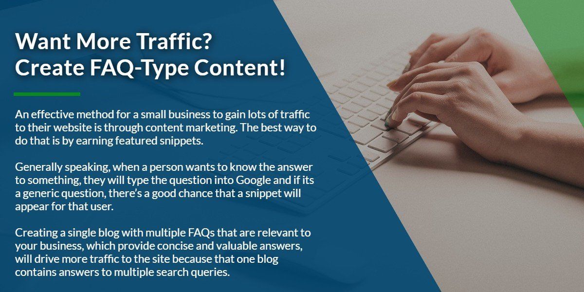 a person is typing on a keyboard with the words want more traffic create faq type content .