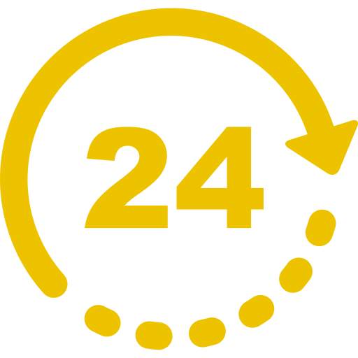 Yellow 24 inside a circle with an arrow, indicating 24/7 availability.