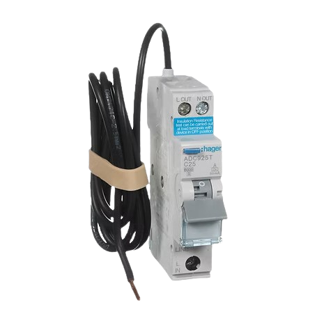 Electrical circuit breaker with attached wire and label.