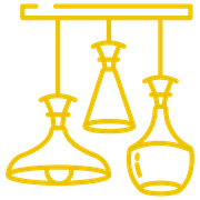 Yellow line art of three hanging pendant lights.