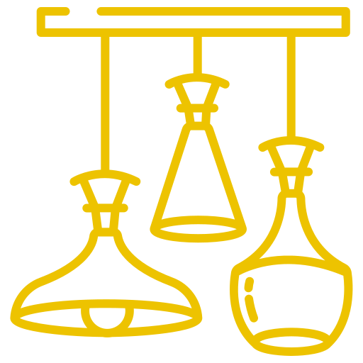 Yellow line art of three hanging pendant lights.