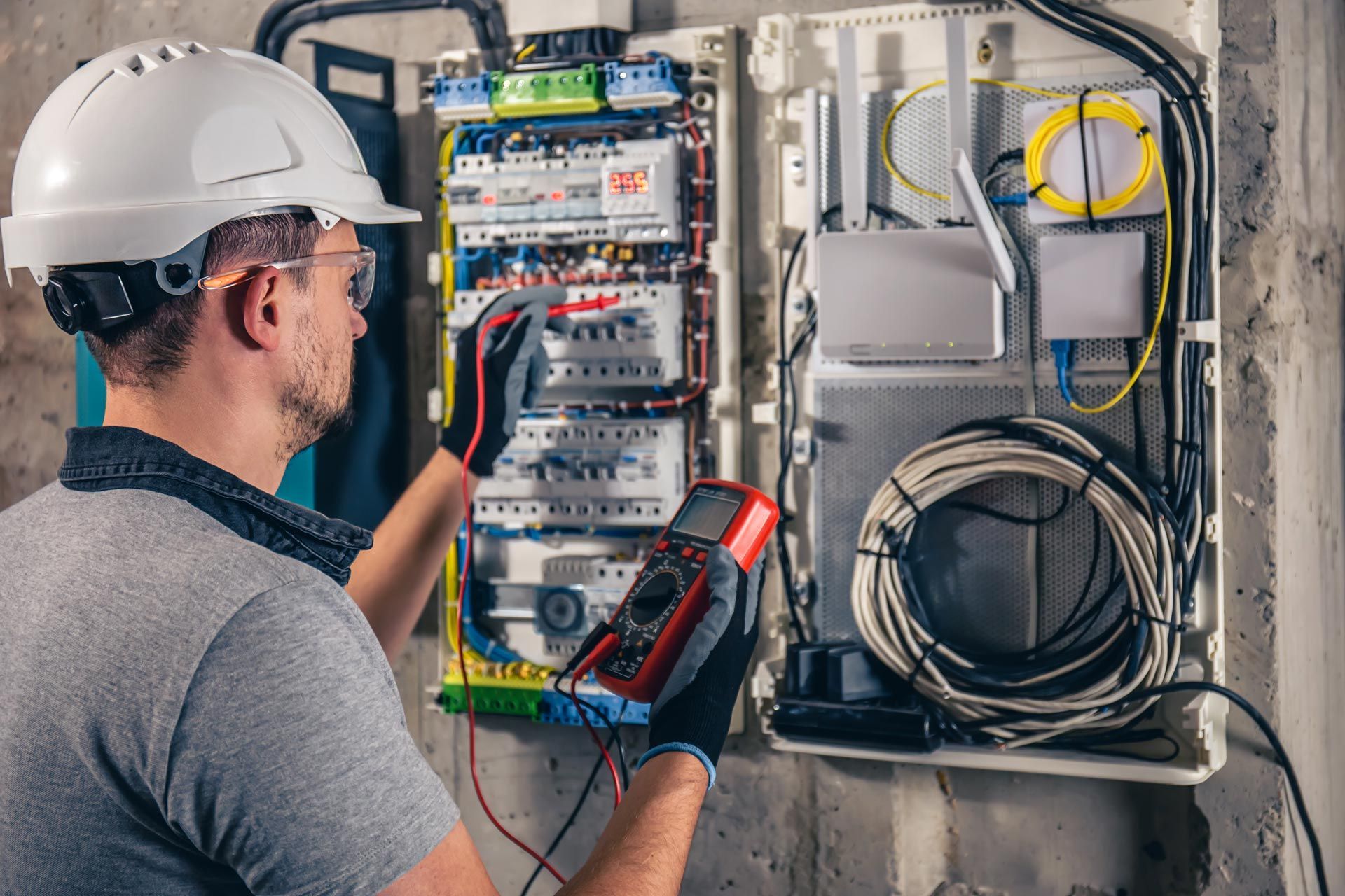 Electrical circuit breaker with attached wire and label.