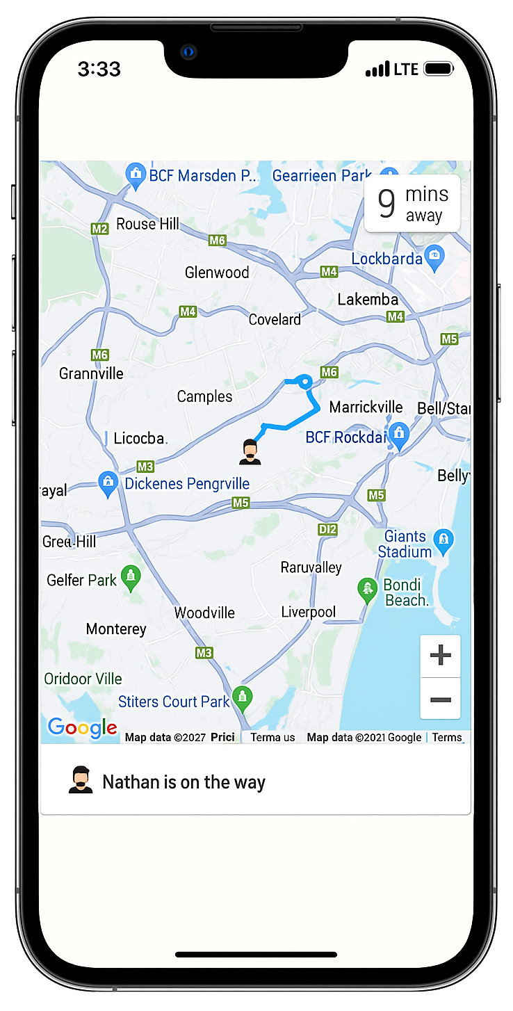 A mobile phone shows a map with a route and a driver icon, indicating