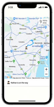 A mobile phone shows a map with a route and a driver icon, indicating 