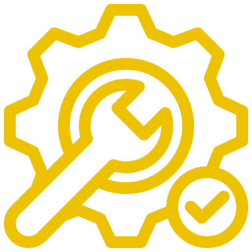 Yellow gear and wrench with checkmark icon, representing maintenance or settings.