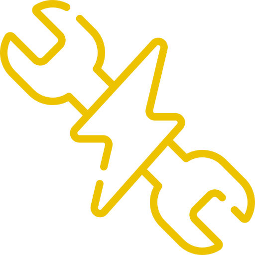 Yellow wrench crossed with a lightning bolt.