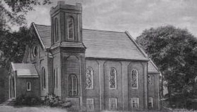 A monochromatic sketch of a historic stone church featuring a tall square bell tower, arched windows, and lush trees.
