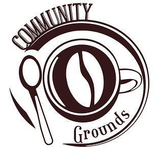 A brown logo for Community Grounds featuring a coffee cup with a coffee bean inside and a spoon, all within a circular frame.