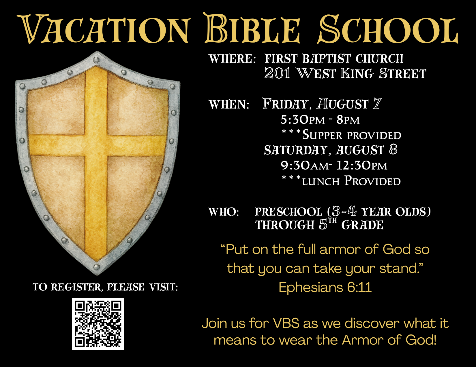 FBC Hillsborough Holy Week schedule against a backdrop of a cross draped in white cloth. Website at the bottom.