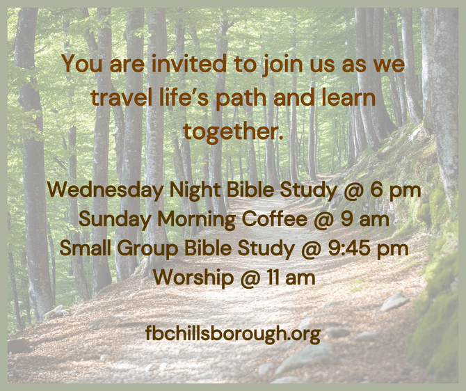 FBC Hillsborough Holy Week schedule against a backdrop of a cross draped in white cloth. Website at the bottom.