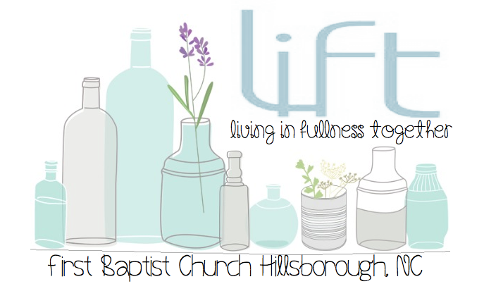 Logo for First Baptist Church Hillsborough NC showing glass bottles, plants, and the text