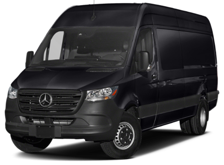 A black mercedes sprinter van is shown on a white background.