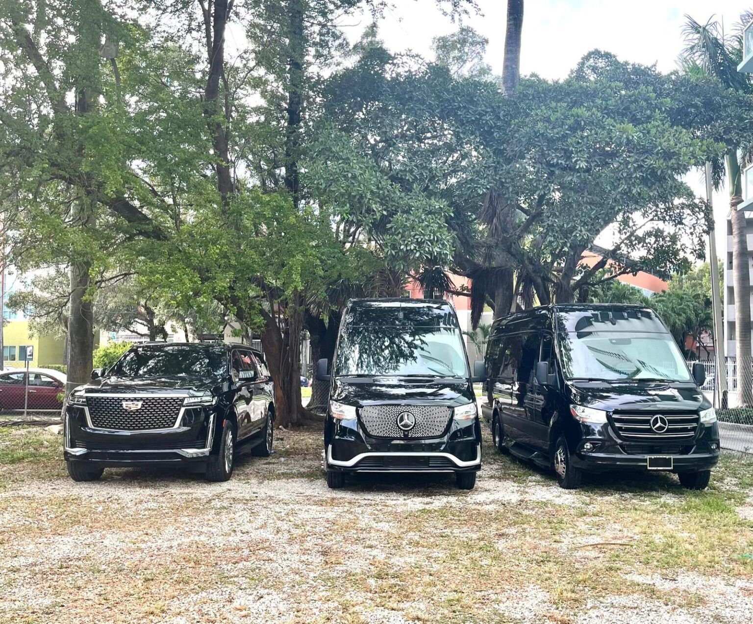 Three black cars are parked next to each other in a parking lot.