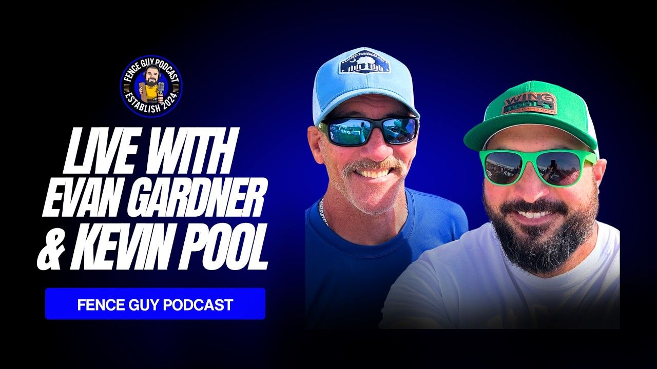 Promo graphic for Fence Guy Podcast, featuring Evan Gardner and Kevin Pool on a black background.