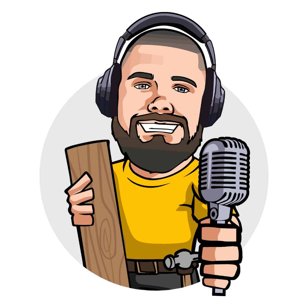 A cartoon of a man with a beard holding a microphone and a piece of wood.