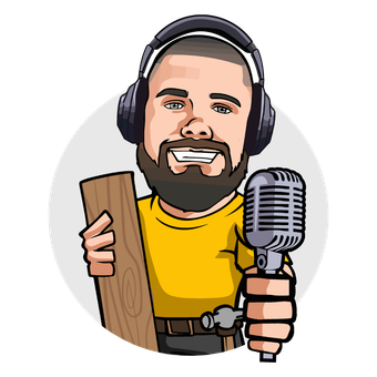 A cartoon of a man with a beard holding a microphone and a piece of wood.