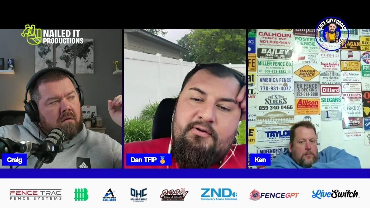 Three men on a video call: Cindy in a studio, Dan outside, and Ken against a wall of signs, all with microphones.