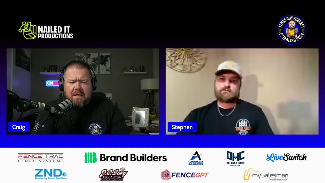 Two men on a livestream video call with sponsor logos and branding banners across the top and bottom.