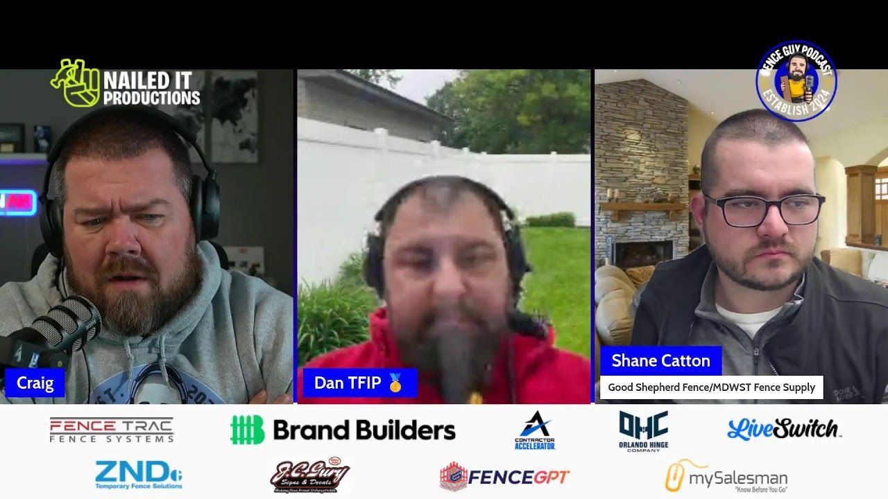 Three men on a video call, each with headphones. Middle man in red shirt. Logos at bottom.