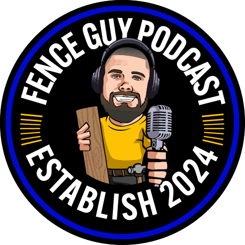 Circular podcast logo. Man wearing headphones holds wood and microphone. 