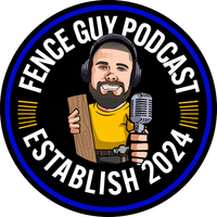 Fence Guy Podcast logo with cartoon man holding a fence panel and microphone, black circular badge with blue ring.