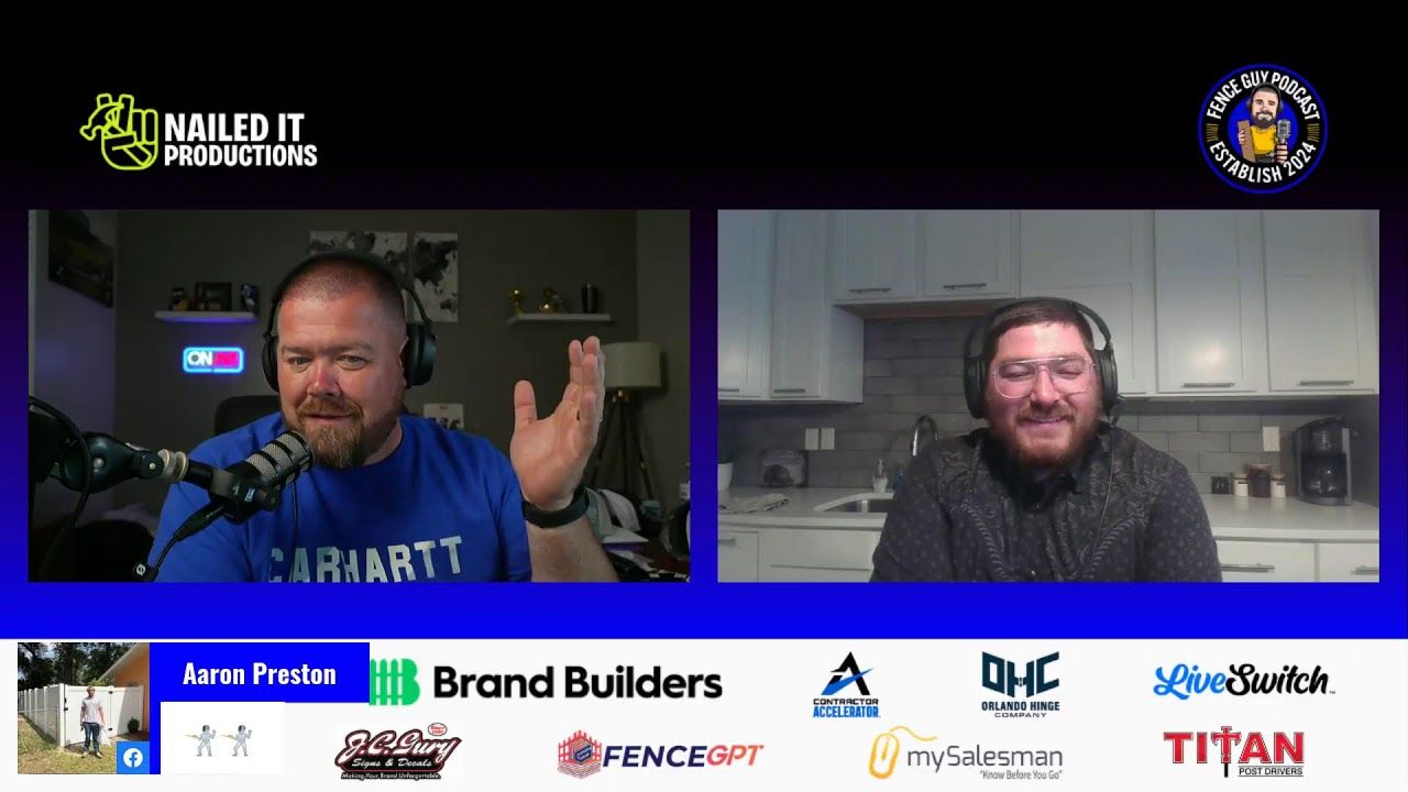 Split-screen video call with two men, logos across top and bottom, one speaking in a home office