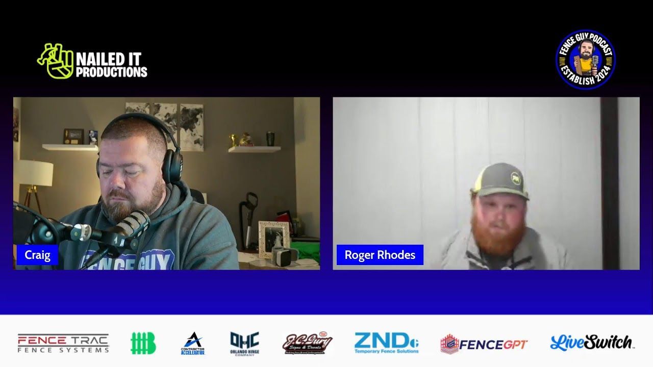 Two men in a video call. One wears a headset. Both are in front of logos and graphics.
