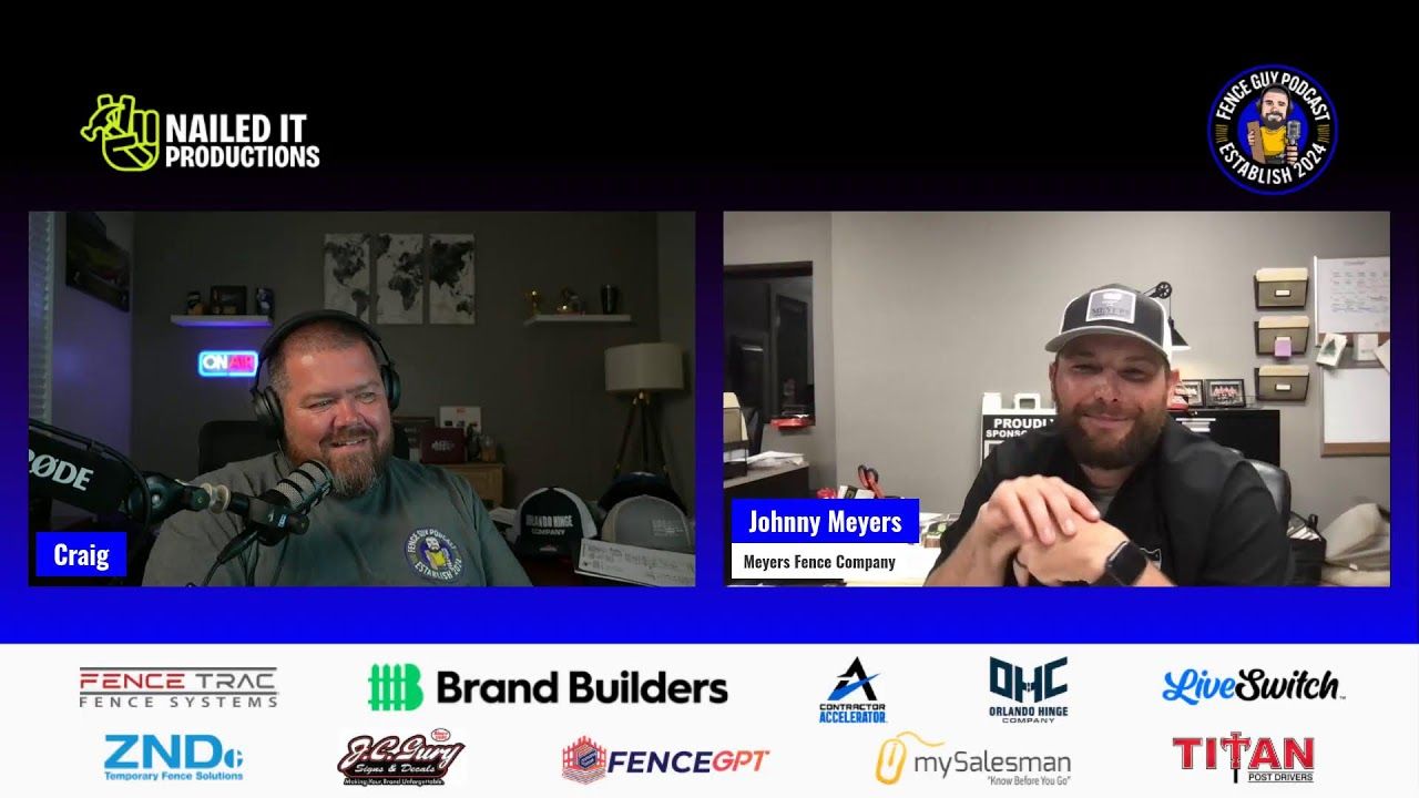 Two men on a podcast-style split screen, smiling in a studio with sponsor logos along the bottom.