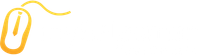 Orange stylized computer mouse icon with a yellow cord on a white background