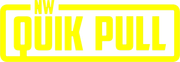 A yellow and white logo for quik pull on a white background.