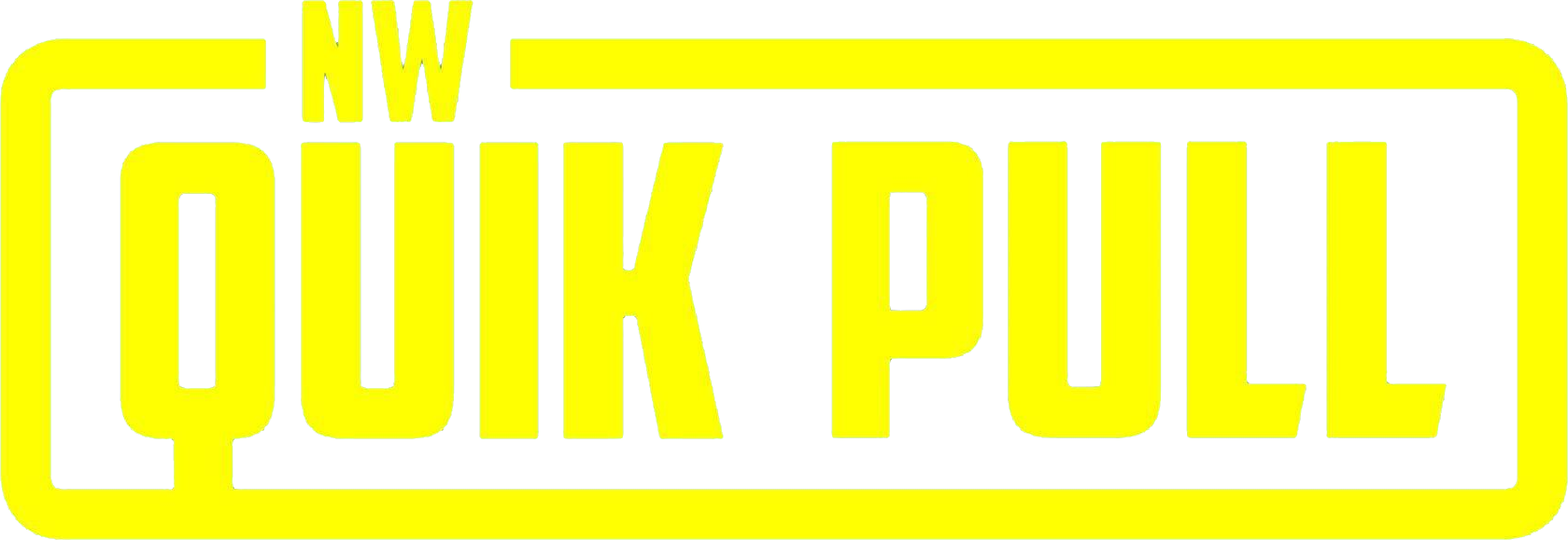 A yellow and white logo for quik pull on a white background.