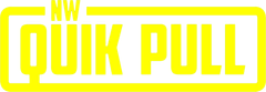 A yellow and white logo for quik pull on a white background.
