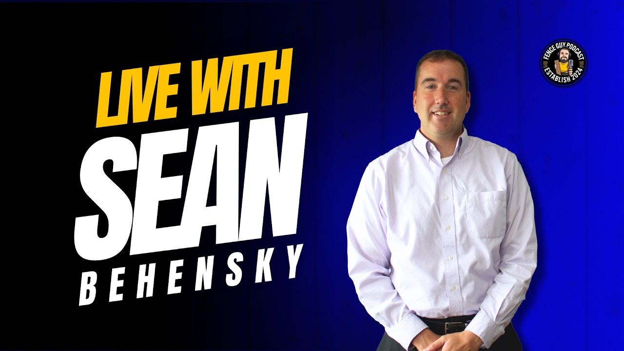 Sean Behensky in a light button-down shirt against a blue background with the text