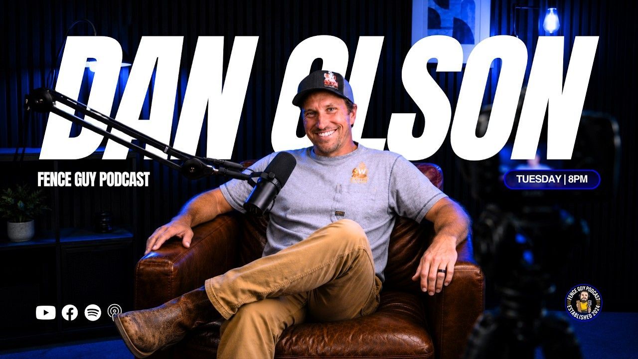 Dan Olson smiling on a leather chair in a blue-black podcast promo graphic with bold white text