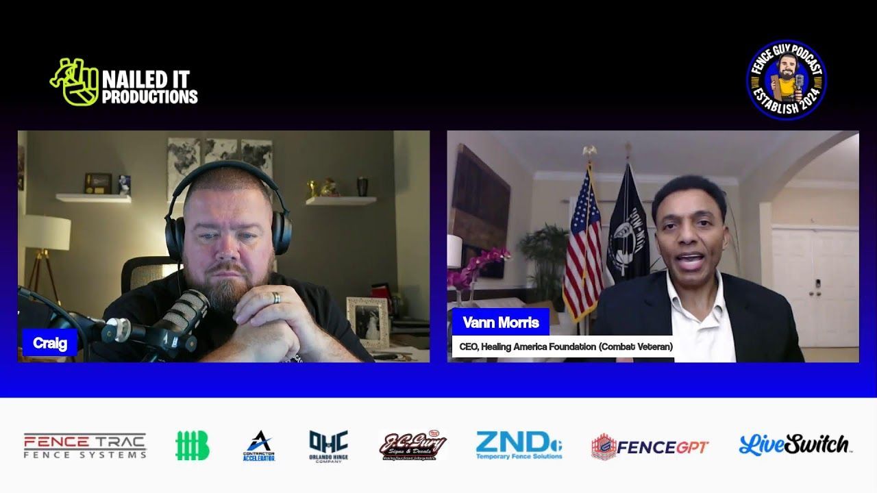 Two men on a split screen: one in a headset, the other in a suit, both speaking. Interview setting.