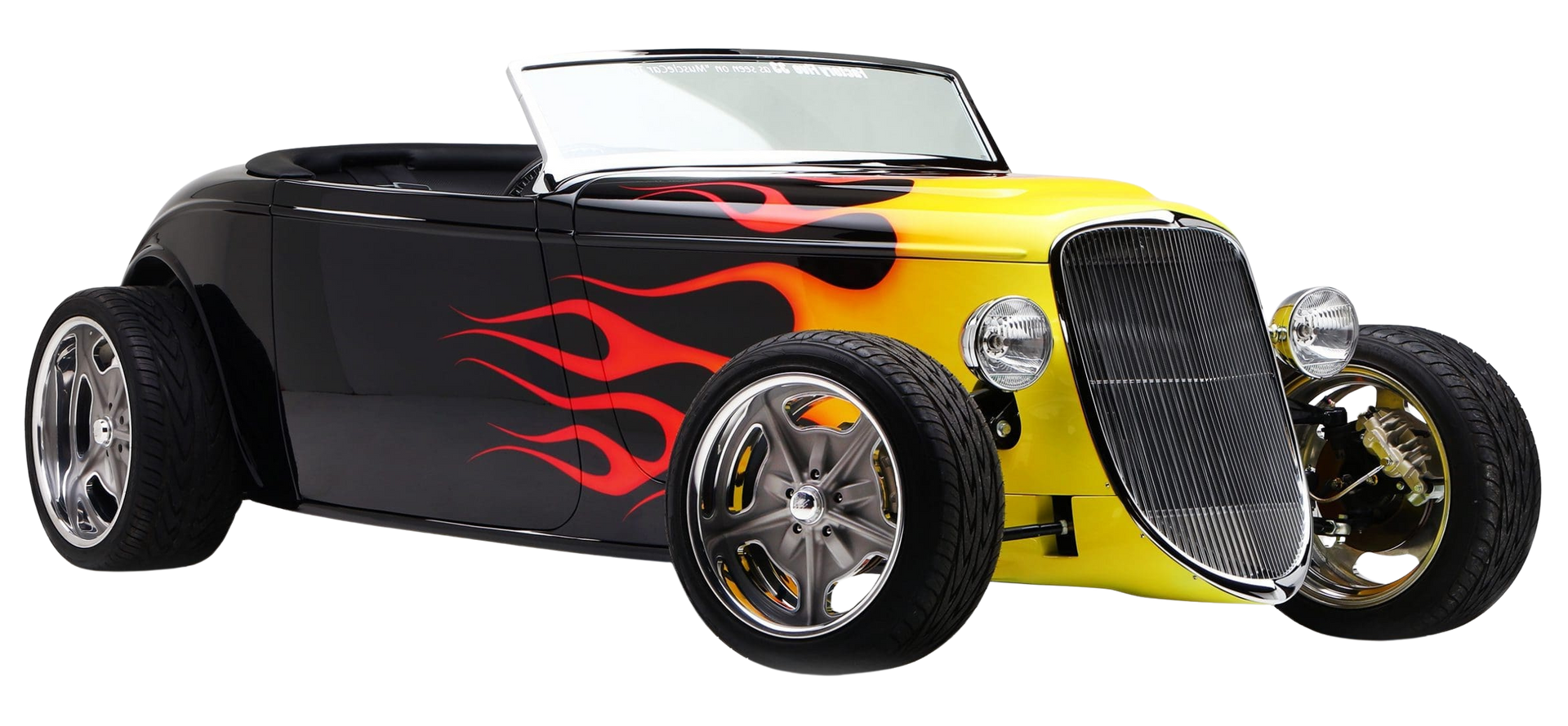 Custom black hot rod with yellow front, red flame graphics, and chrome grille on white background