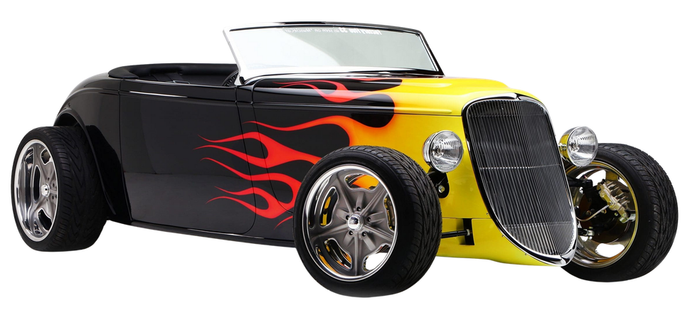 Custom hot rod car with black body, yellow front, red flames, and exposed chrome wheels