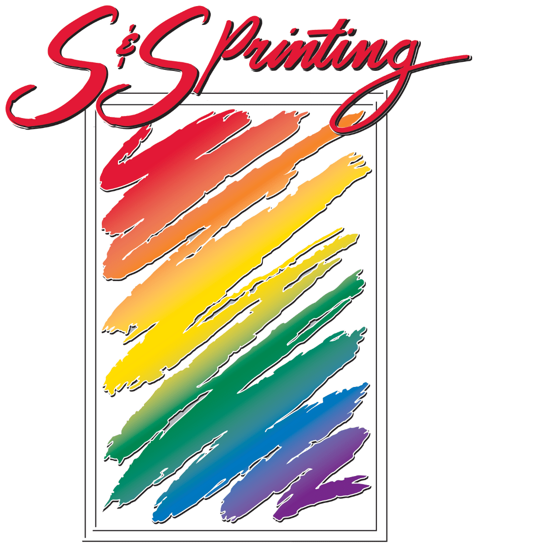 The logo for s & s printing shows a rainbow of colors