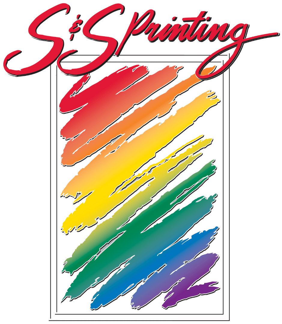 The logo for s & s printing shows a rainbow of colors