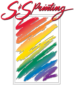 The logo for s & s printing shows a rainbow of colors