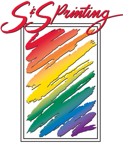 A logo for s & s printing with a rainbow of colors